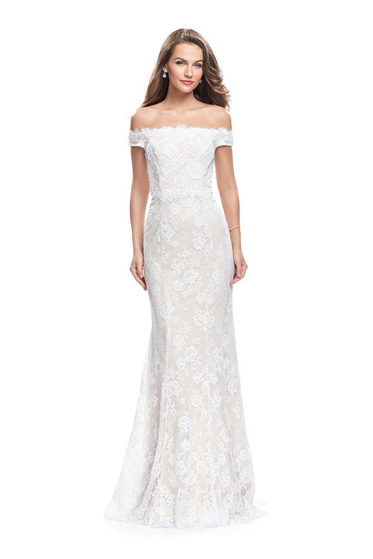 La Femme Gigi - 26218 Off-Shoulder Beaded Lace Sheath Gown In White