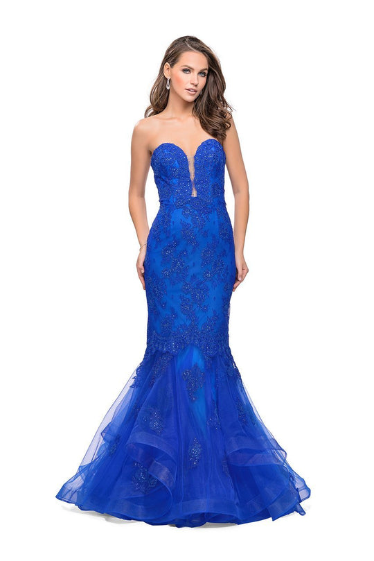 La Femme Plunging Sweetheart Beaded Lace Gown 26219 In Blue