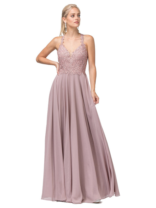 Dancing Queen - 2621 Embroidered Deep V-neck A-line Gown In Brown