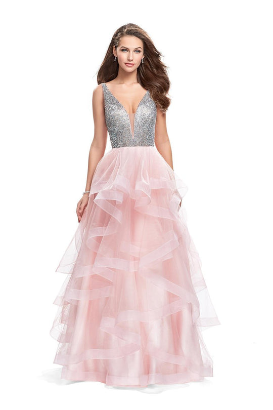 La Femme - 26223 Metallic Beaded Plunging Bodice Tulle Ballgown In Silver and Pink