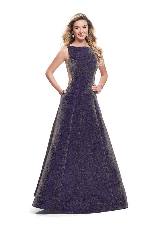 La Femme - 26231 Bateau Neck Mesh Sides Mikado Ballgown In Blue and Gold