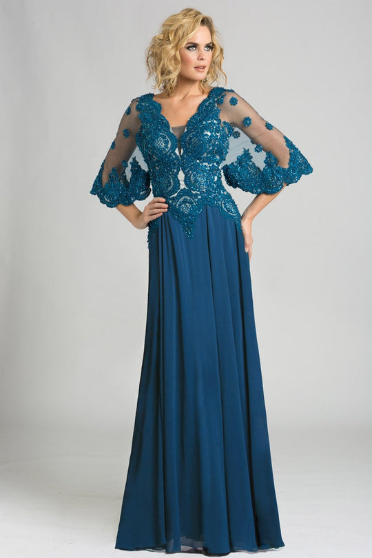Feriani Couture - 26232 Embroidered V-neck Sheer Dress In Blue and Green