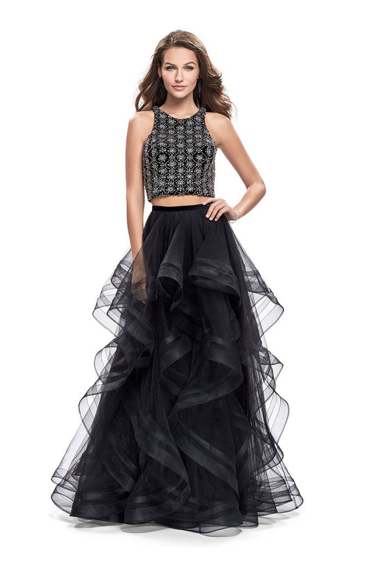 La Femme - 26233 Two Piece Beaded Ruffle Tulle Gown In Black