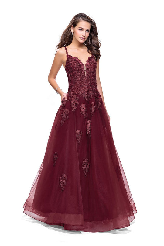 La Femme - 26236 Lace Deep V-neck Tulle A-line Dress In Red