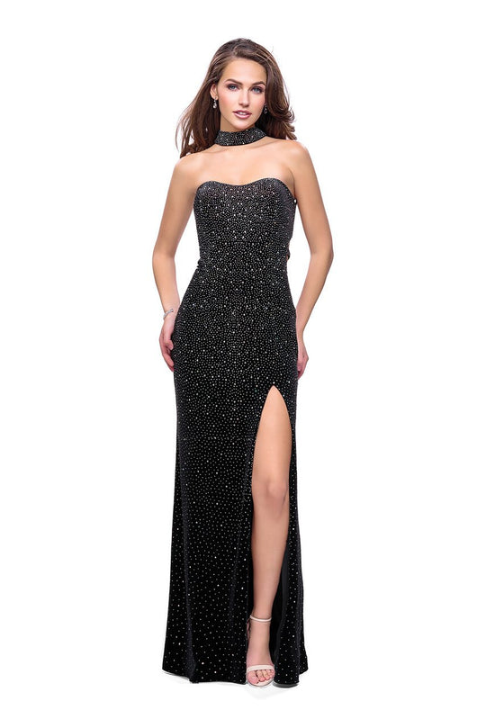 La Femme - 26239 Beaded High Neck Velvet Sheath Dress In Black