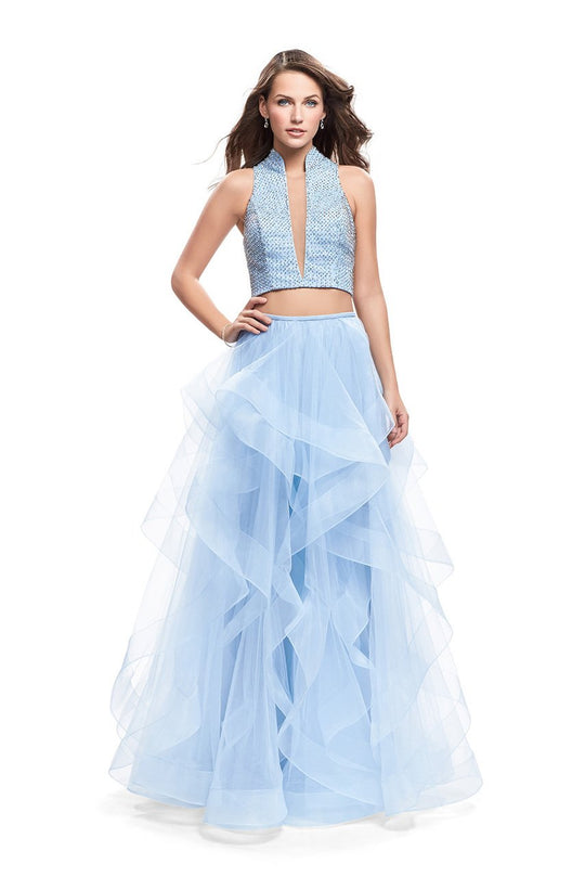 La Femme - 26240 Two Piece Beaded Cutout Ruffle Tulle Gown In Blue