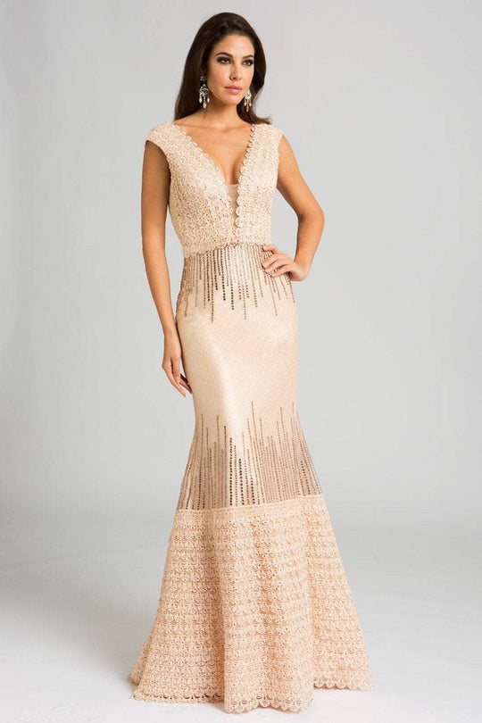 Feriani Couture - 26241 Accented Deep V-neck Mermaid Dress  In Pink