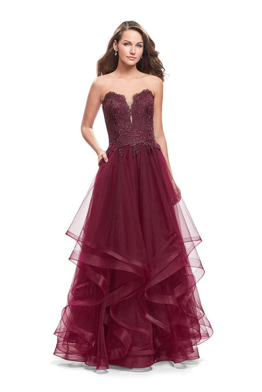 La Femme - 26242 Strapless Sweetheart Tiered A-line Gown In Red