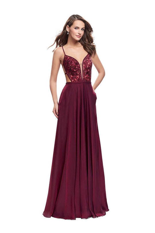 La Femme - 26243 Embroidered Lace Deep V-neck Chiffon Gown In Red