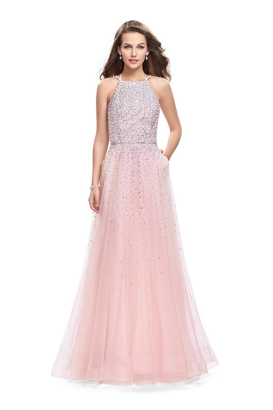 La Femme - 26250 Shimmering High Neck Tulle A-line Gown In Pink