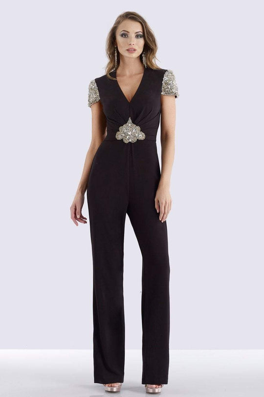 Feriani Couture - 26253 Short Sleeve Ornate V-Neck Ruched Jumpsuit In Black