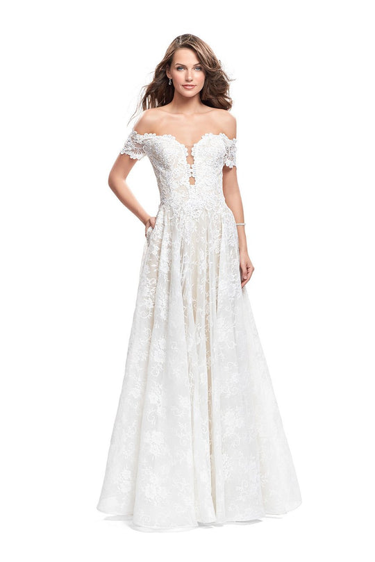 La Femme - 26254 Off The Shoulder Beaded Sheer Lace A-line Gown In White