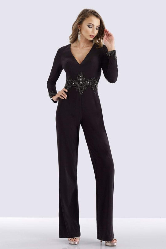 Feriani Couture - 26254 Long Sleeve V-Neck Beaded Jumpsuit In Black