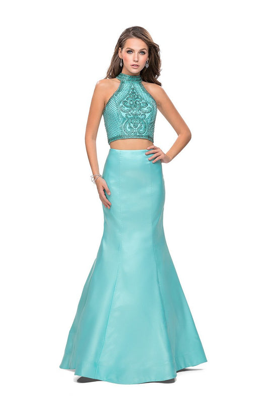 La Femme - 26255 Beaded High Neck Two-Piece Mermaid Gown In Blue