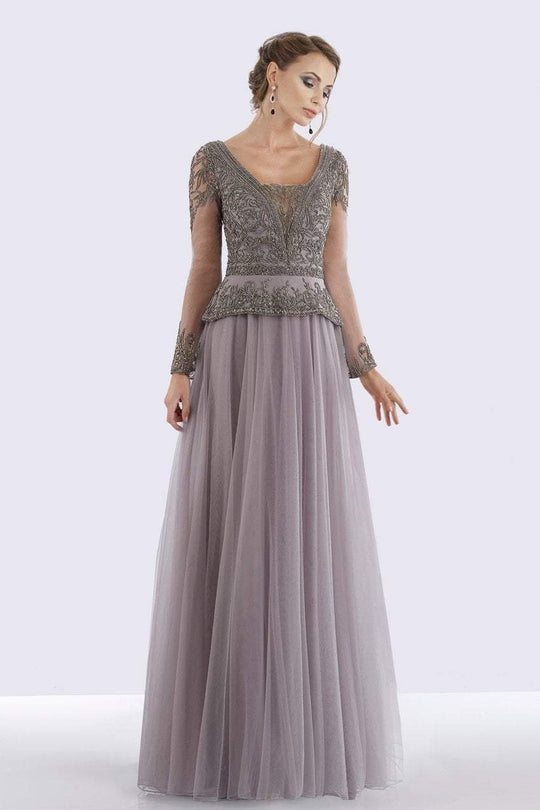Feriani Couture - 26255 Sheer Long Sleeve Beaded V-neck A-line Dress In Gray