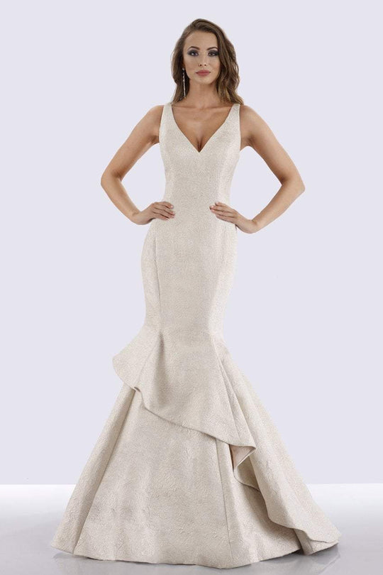 Feriani Couture - 26256 Sleeveless Deep V-neck Mermaid Gown In Silver and White