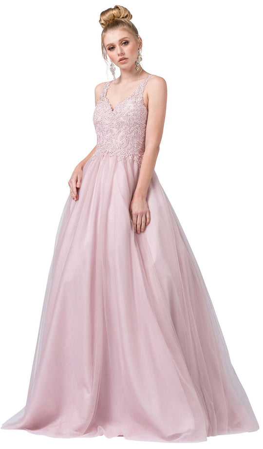 Dancing Queen - 2626 Embroidered V-neck Ballgown In Pink