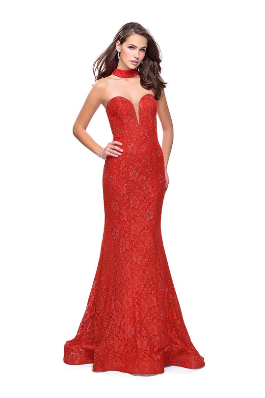 La Femme - 26261 Beaded Lace High Neck  Trumpet Dress In Red