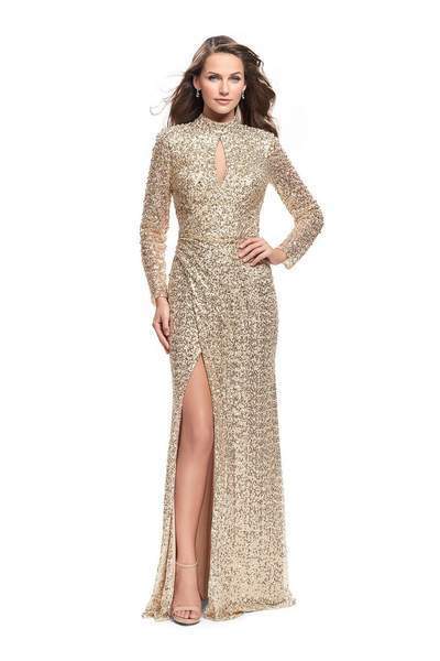 La Femme - Long Sleeve High Neck Sequined Evening Gown 26263 In Gold