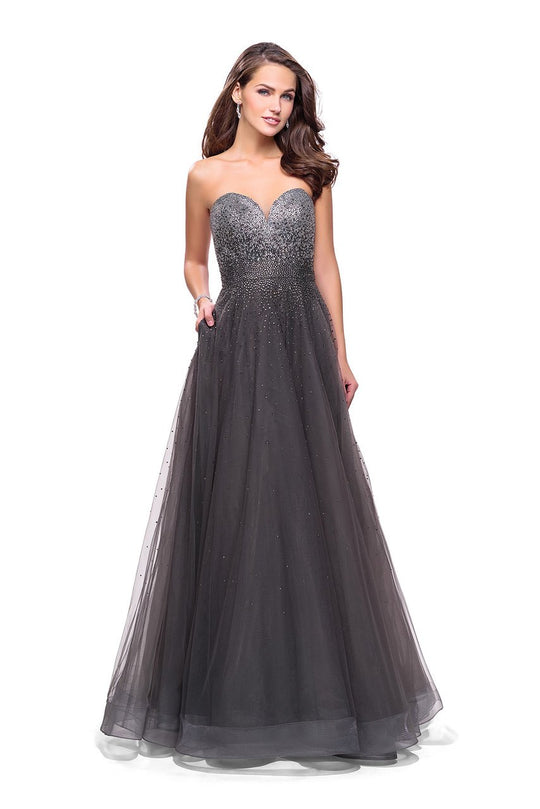 La Femme - 26264 Metallic Rhinestone Ombre Tulle Dress In Gray