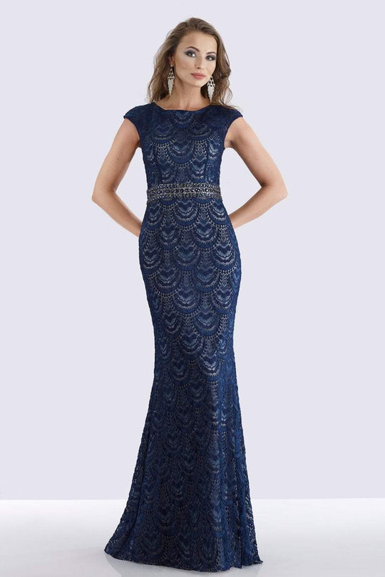 Feriani Couture - 26264 Cap Sleeve Beaded Sheath Gown In Blue