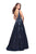 La Femme - 26265 Floral Applique A-line Gown with Open Sides In Blue