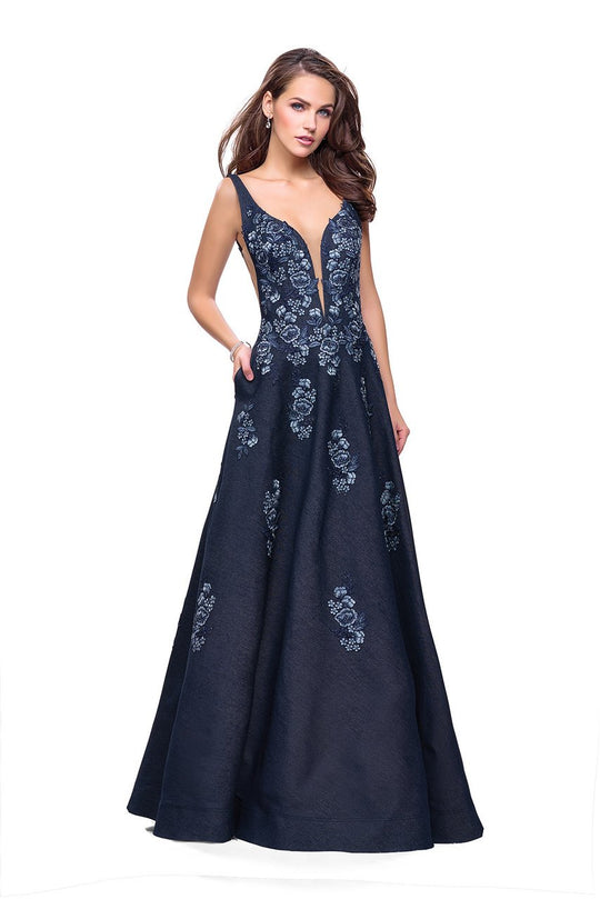 La Femme - 26265 Floral Applique A-line Gown with Open Sides In Blue