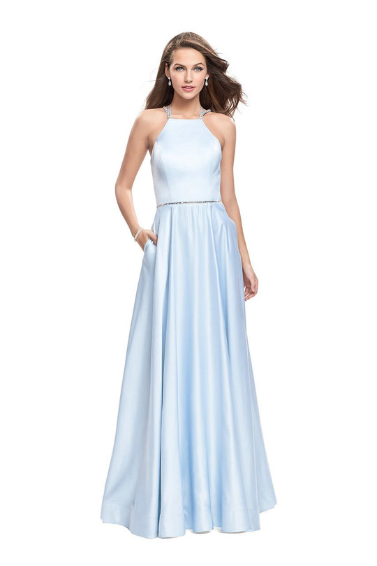 La Femme - 26269 High Halter Neck Stretch Satin Gown In Blue
