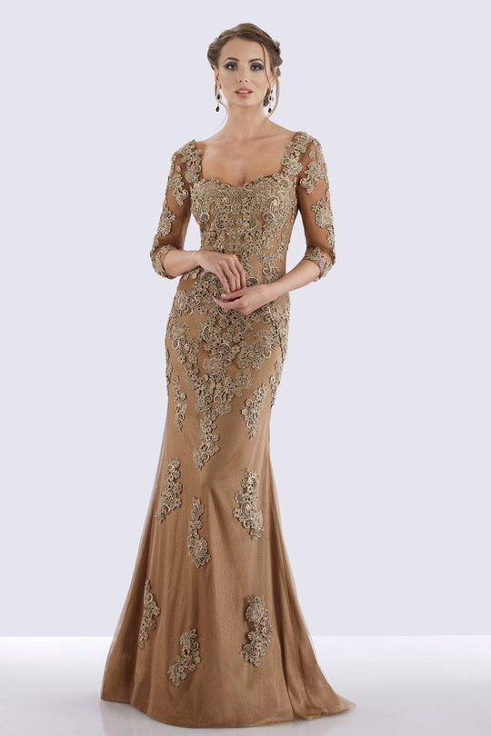 Feriani Couture - 26271 Quarter Length Sleeve Lace Sheath Gown In Brown