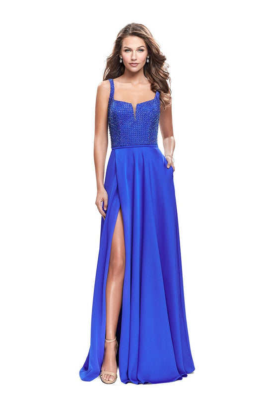 La Femme - 26275 V-Neck Beaded Wrap Side Slit Evening Gown In Blue
