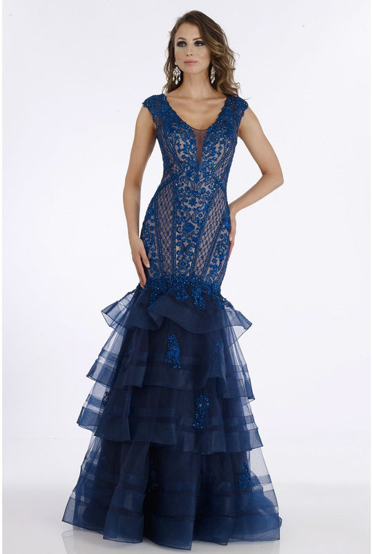 Feriani Couture - 26277 Embroidered Tiered Trumpet Dress With Train In Blue