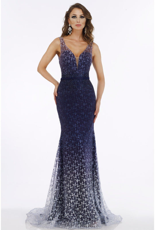 Feriani Couture - 26279 Embellished Deep V-neck Trumpet Dress In Blue