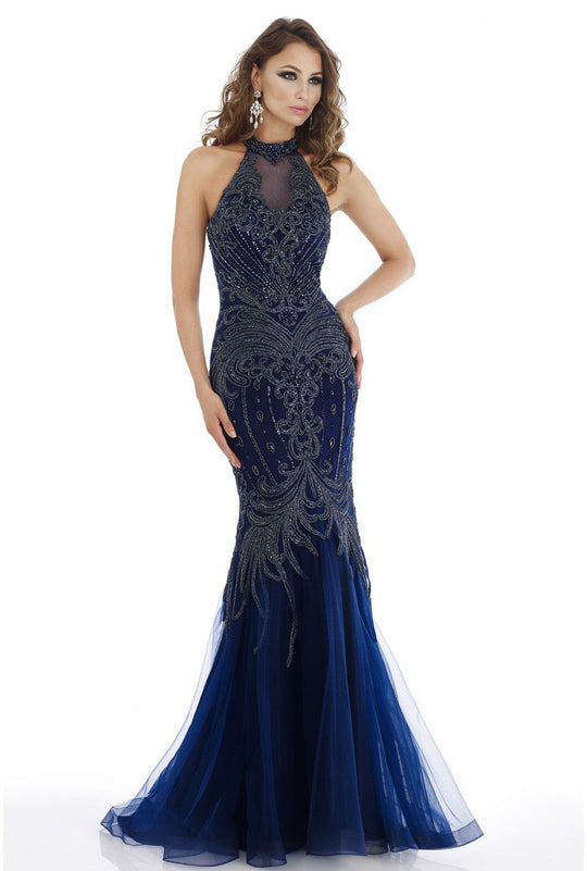 Feriani Couture - 26286 Beaded Scroll Motif Illusion Halter Gown In Blue