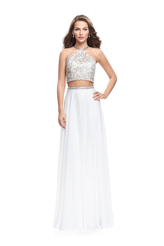 La Femme Gigi - 26288 Embellished Halter Chiffon Two Piece Gown In White