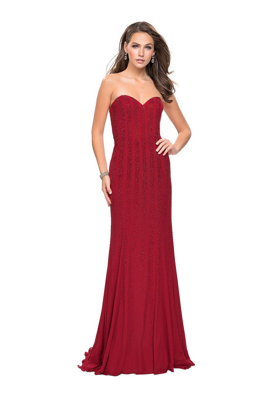 La Femme Gigi - 26289 Vertical Striped Beaded Sweetheart Sheath Dress In Red