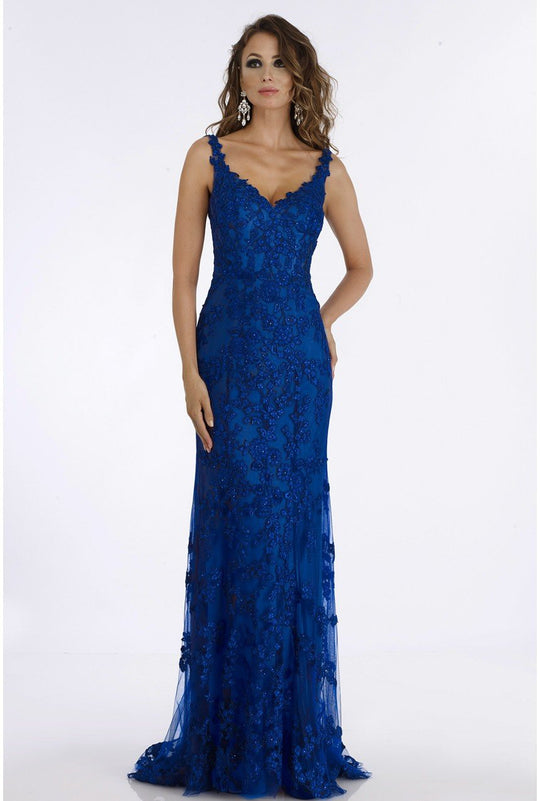 Feriani Couture - 26291 Embroidered Plunging V-neck Trumpet Dress In Blue