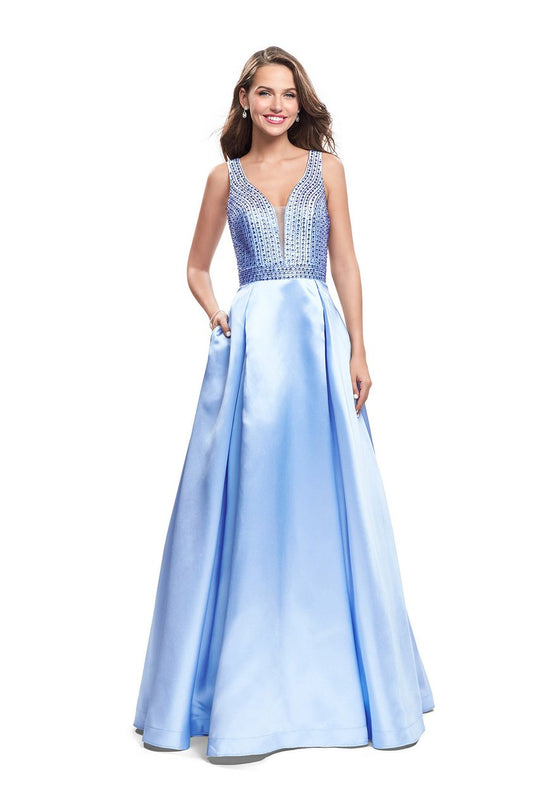 La Femme Gigi - 26293 Deep V-Neck Beaded Satin A-line Gown In Blue
