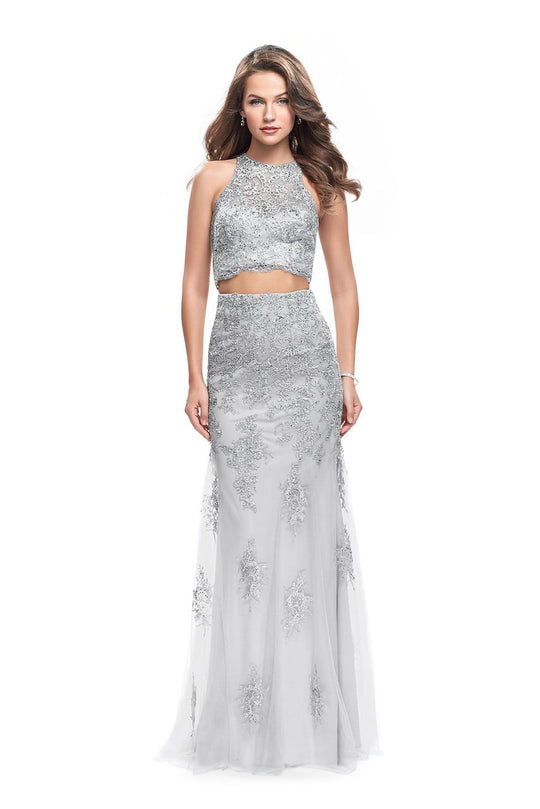 La Femme Gigi - 26294 Two-Piece Beaded Lace Sheath Gown In Silver