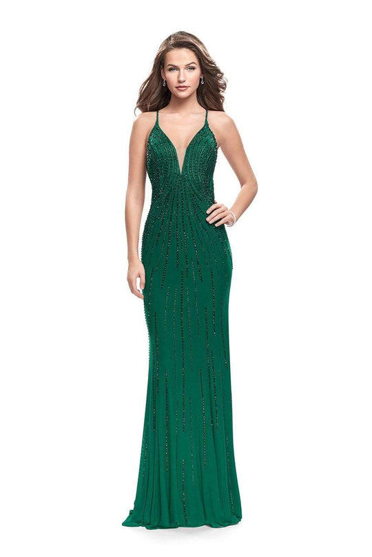 La Femme Gigi Beaded Plunging V-Neck Jersey Sheath Evening Gown in Green