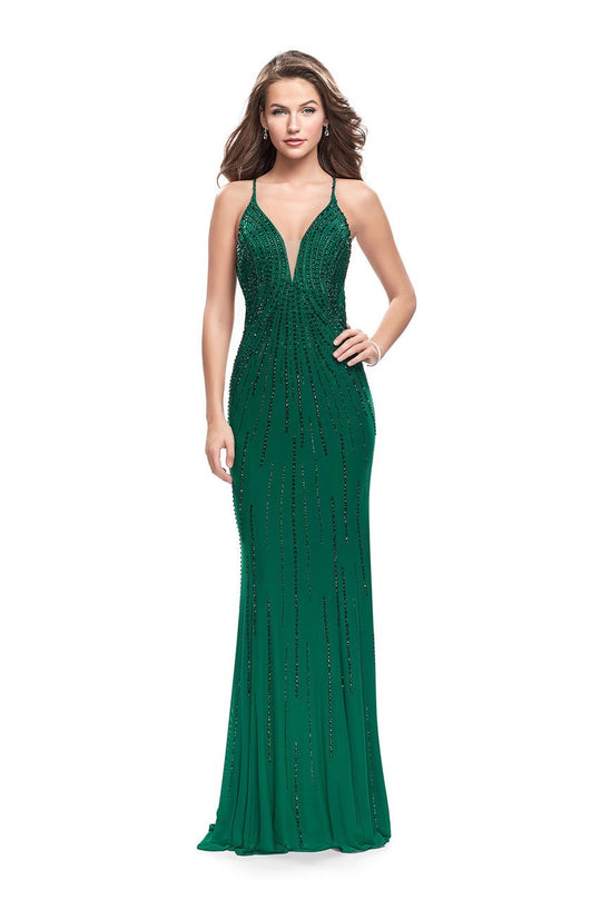 La Femme Gigi - 26300 Deep V-Neck Beaded Jersey Sheath Gown In Green