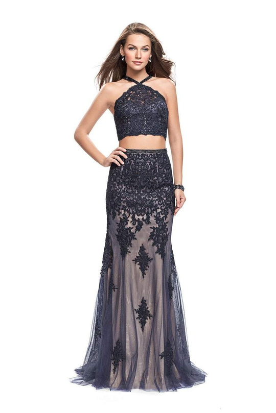 La Femme Gigi 26305 Two Piece Appliqued Tulle Overlay Sheath Gown - 1 pc Navy in size 4 Available