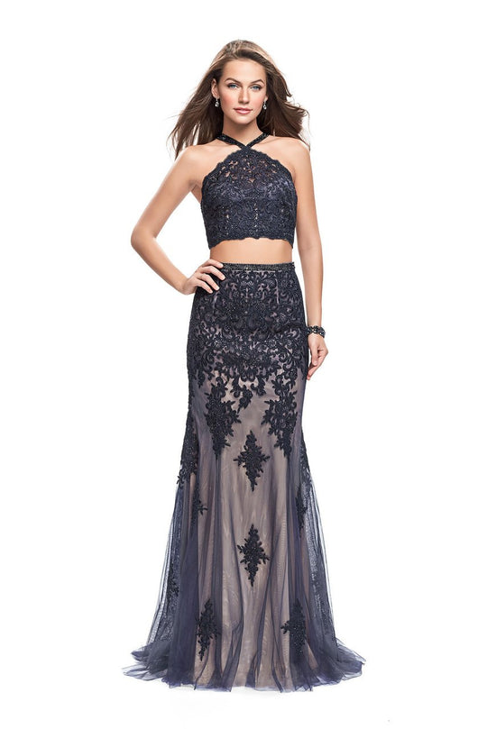 La Femme Gigi - 26305 Two Piece Beaded Lace and Tulle Overlay Gown In Blue