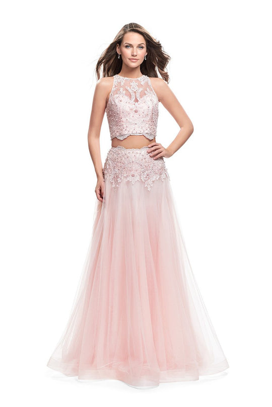 La Femme - 26309 Illusion High Neck Two-Piece Beaded Lace Gown In Pink