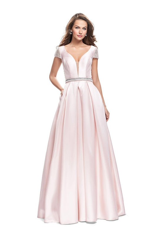 La Femme Gigi - 26327 Pearl Beaded Cap Sleeve Mikado Evening Ballgown In Pink