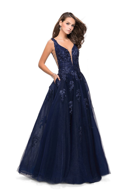 La Femme - 26334 Tulle Ballgown with Side Mesh Panel In Blue