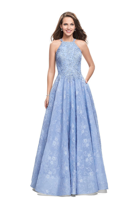 La Femme - 26337 Halter Neck Lace Ballgown In Blue