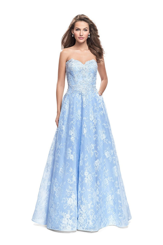 La Femme - 26338 Sweetheart Neck Beaded Lace Ballgown In Blue