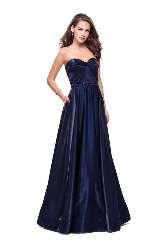 La Femme - 26340 Strapless Knotted Sweetheart Satin A-line Gown In Blue