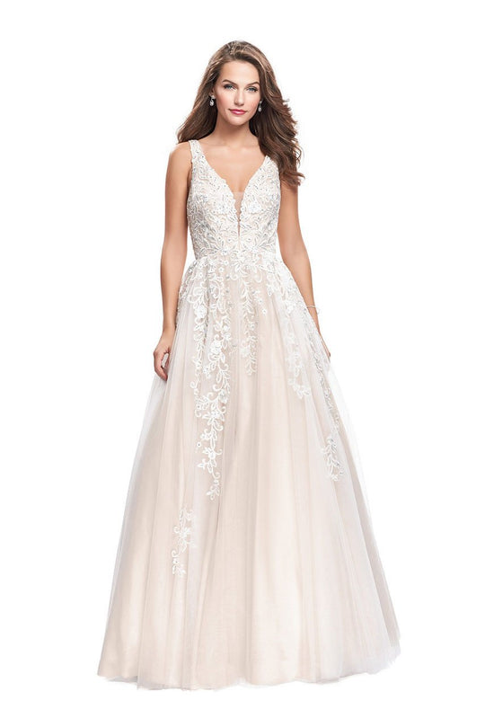 La Femme Gigi - 26353 Floral Lace Deep V-neck Tulle A-line Dress In White and Neutral