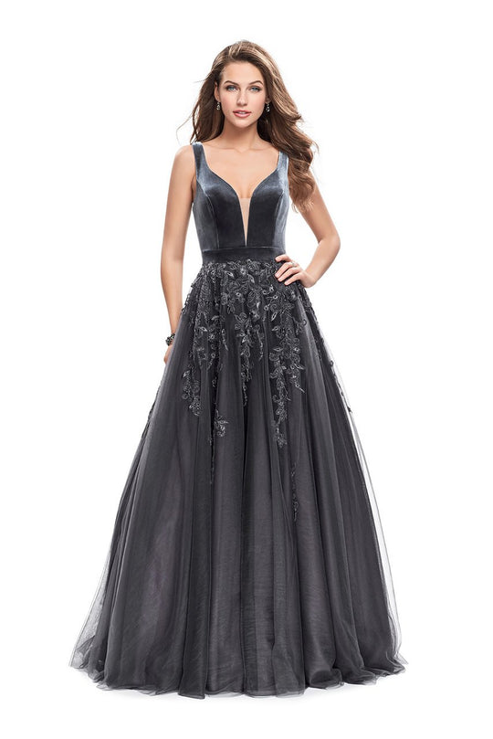 La Femme Gigi - 26382 V-Neckline Lace Applique and Tulle Ball Gown In Gray